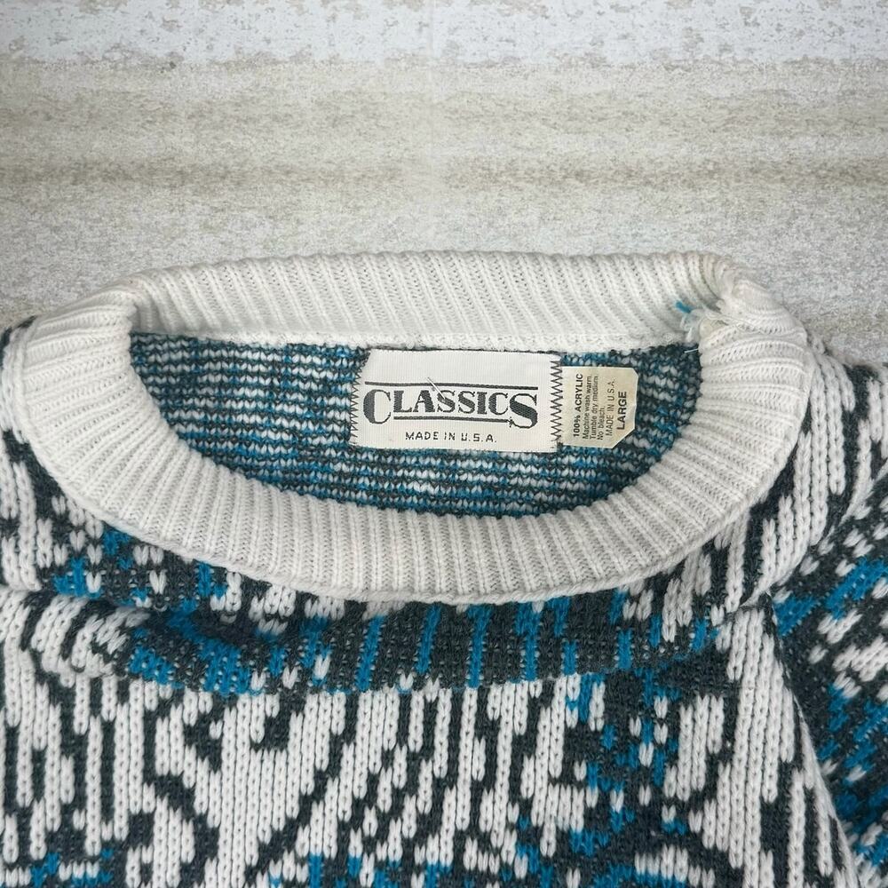 Vintage 90s Sweater Mens L White Blue Made in USA 100% Acrylic Crewneck Pullover - Picture 3 of 4